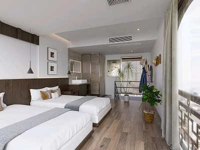 Modern Hotel Guest Room Interior With Twin Beds Wooden Flooring And Decorative Paintings 3d model