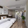 Modern Hotel Guest Room Interior With Twin Beds Wooden Flooring And Decorative Paintings