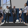 Business Professionals Standing in Modern Interior With Blue Walls Staircase Round Lights and Pebble Floor