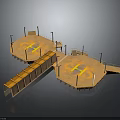 Industrial Platform Structure With Orange Surfaces Yellow H Markings Railings Lamp Posts And Walkway