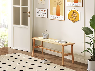 Wooden Bench in Entryway with Shoes Bag and Wall Art Near Potted Plant on Rug 3d model