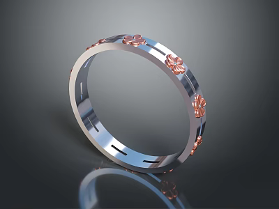 Elegant Silver Ring With Copper Flower Decorations And Polished Metal Band 3d model