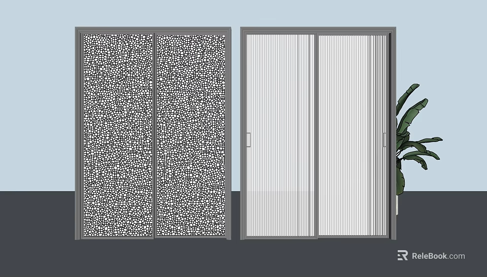Sliding Doors With Intricate Pattern And White Vertical Slats Against Light Blue Wall 3d model 
