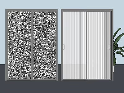 Sliding Doors With Intricate Pattern And White Vertical Slats Against Light Blue Wall 3d model