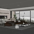 Modern Living Dining Room Interior With Sofa Coffee Table Dining Set And Large Windows 3d model