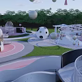 Colorful Children's Play Area Surrounded by Green Trees With Circular Structures And Slide