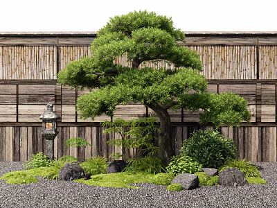Traditional Japanese Garden Plant Combination With Pine Tree Bamboo Shrubs Stone Lantern And Wooden Fence 3d model