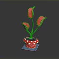 Potted Plant with Three Red Flowers Green Stems in Red White Dotted Pot on Black