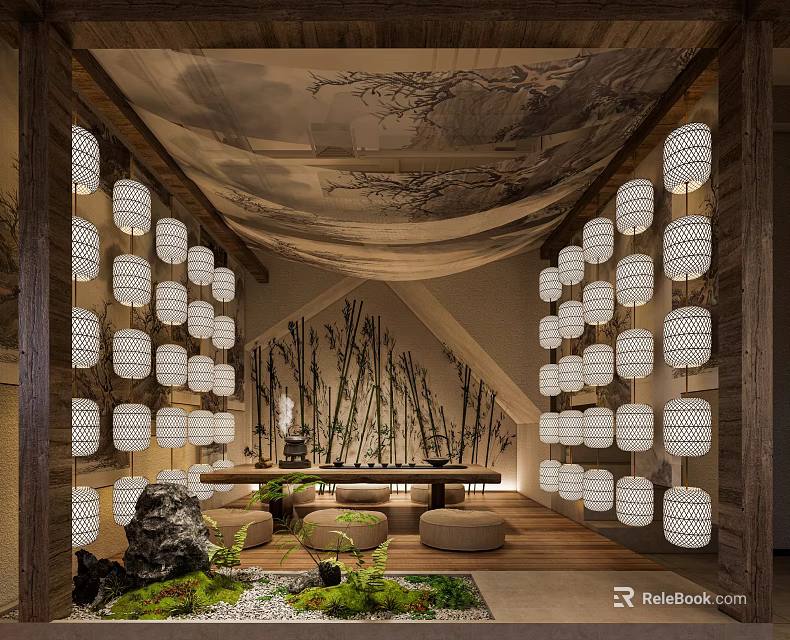Traditional Teahouse Interior With Wooden Structure White Lanterns Bamboo Decorations And Rockery Greenery 3d model 