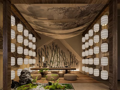 Traditional Teahouse Interior With Wooden Structure White Lanterns Bamboo Decorations And Rockery Greenery 3d model