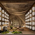 Traditional Teahouse Interior With Wooden Structure White Lanterns Bamboo Decorations And Rockery Greenery