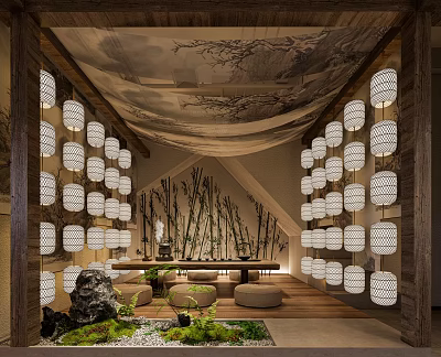 Traditional Teahouse Interior With Wooden Structure White Lanterns Bamboo Decorations And Rockery Greenery 3d model
