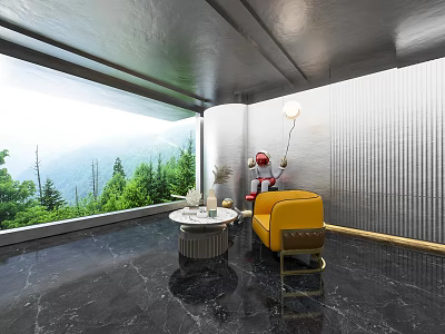 Yellow Single Sofa In Modern Interior With Round Side Table Mountain View And Green Trees 3d model