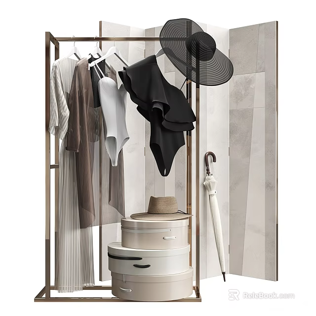 Stylish Clothes Rack with Hanging Clothes Black Hat White Suitcases and Umbrella in Modern Interior 3d model 