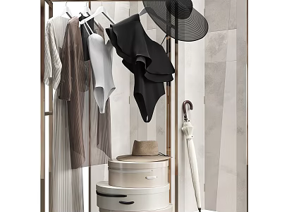 Stylish Clothes Rack with Hanging Clothes Black Hat White Suitcases and Umbrella in Modern Interior 3d model
