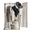 Stylish Clothes Rack with Hanging Clothes Black Hat White Suitcases and Umbrella in Modern Interior