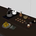 Elegant Tea Set with Teapot Tray Tea Cups Lemons and Green Cloth on Wooden Table
