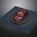 Sliced Roasted Meat Served On Wooden Plate With Juicy Texture And Tender Flavor