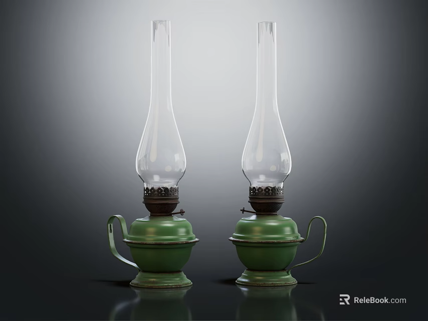 Two Green Candle Lamps With Glass Shades Green Bases And Handles On Dark Background 3d model 