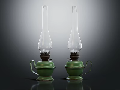 Two Green Candle Lamps With Glass Shades Green Bases And Handles On Dark Background 3d model