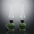 Two Green Candle Lamps With Glass Shades Green Bases And Handles On Dark Background