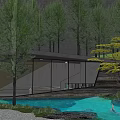 Residential Landscape View From Indoor Large Glass Windows With Trees Pond And Stone Arch Bridge
