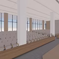 Modern Large Spacious Conference Room Interior With Floor to Ceiling Windows Arranged Seats and Lectern