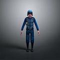 3D Character Model In Blue Uniform With Helmet Standing On Dark Background