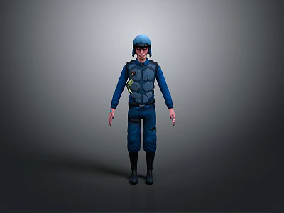 3D Character Model In Blue Uniform With Helmet Standing On Dark Background 3d model