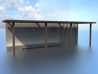 Landscape Pavilion With Long Roof Wooden Columns Stone Wall On Smooth Ground Under Blue Sky 3d model