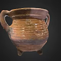 Traditional Ceramic Pot with Two Handles Striped Design and Three Legs in Brown Yellow Glaze