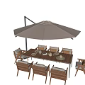 Outdoor Table With Wooden Chairs Brown Umbrella And Black Stand For Outdoor Dining