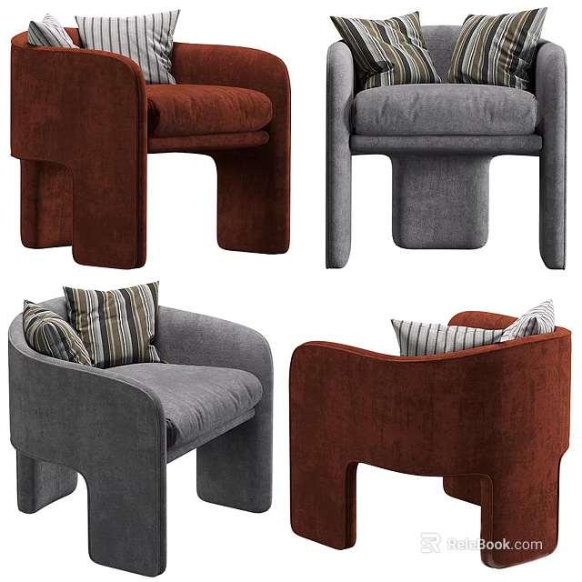 Modern Leisure Accent Chair With Burgundy And Gray Velvet Upholstery And Striped Pillows 3d model 