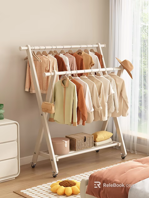 Freestanding Clothes Rack with Hanging Warm Tone Clothing Storage Boxes and Pillow for Home Organization 3d model 