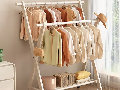 Freestanding Clothes Rack with Hanging Warm Tone Clothing Storage Boxes and Pillow for Home Organization 3d model