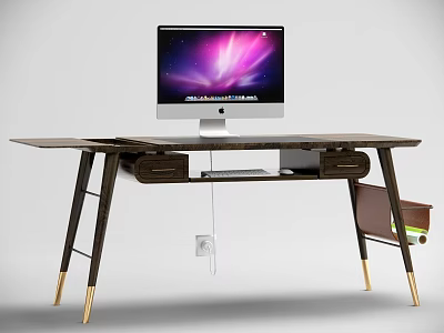 Modern Stylish Wooden Desk With Computer Monitor Drawers And Black Gold Legs 3d model