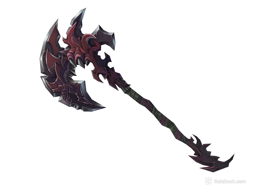 Ornate Mythical Axe Weapon With Dark Red Blade Spiked Edges And Carved Handle 3d model 