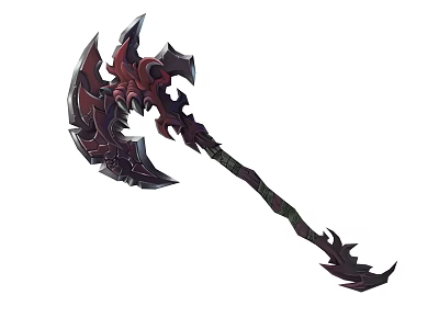 Ornate Mythical Axe Weapon With Dark Red Blade Spiked Edges And Carved Handle 3d model