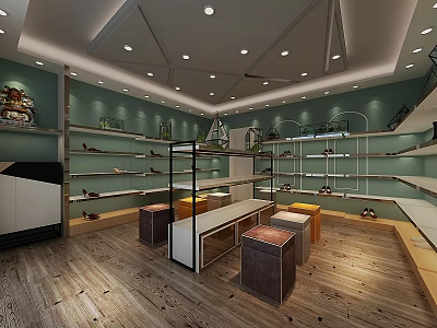 Modern Shoe Store Interior With Shelves Display Neatly Arranged Shoes And Wooden Floor 3d model