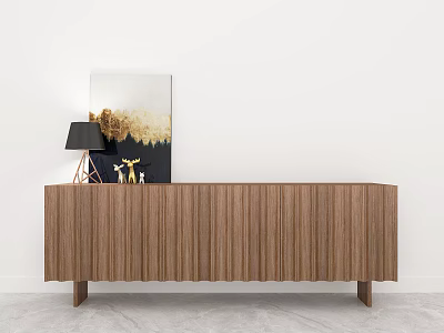 Wooden Console Table With Pleated Design Table Lamp And Artwork On White Wall Gray Floor 3d model