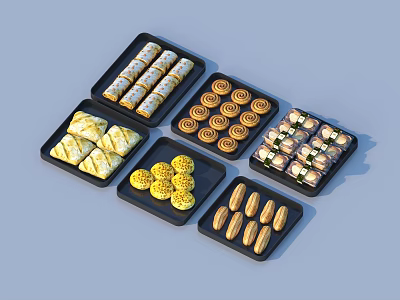 Delicious Assorted Pastries Snacks And Desserts Neatly Arranged On Black Trays 3d model
