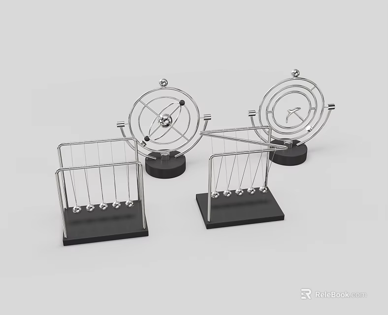 Modern Minimalist Decorative Ornament Set With Metal Geometric Circular Structures And Black Bases 3d model 