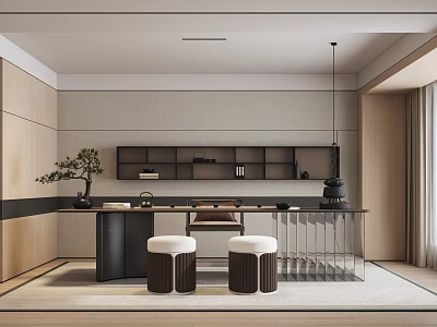 Modern Tea Room Interior With Open Layout Tea Table Stools And Decorative Plant 3d model