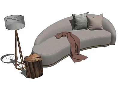 Curved Gray Sectional Sofa With Throw Pillows Blanket Floor Lamp And Wooden Stump Side Table 3d model