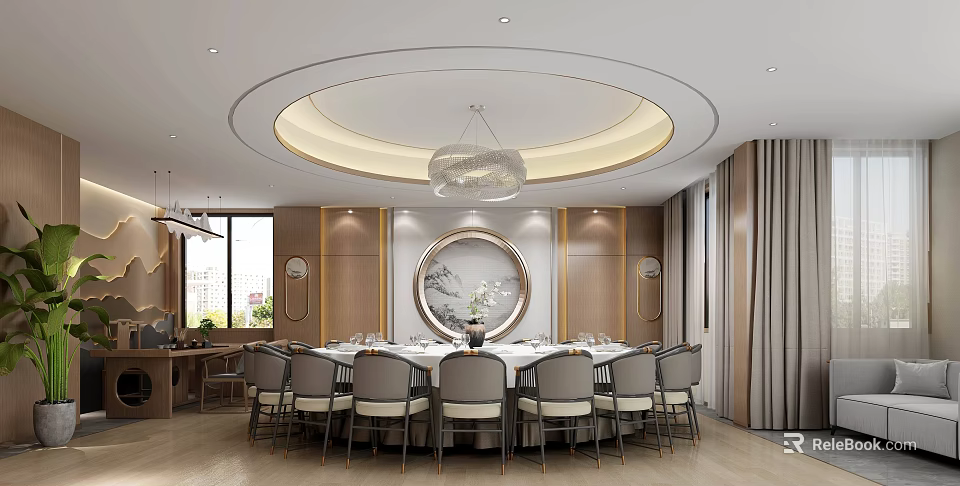 Elegant Private Dining Room With Round Table Chairs Circular Ceiling Design And Wooden Walls 3d model 