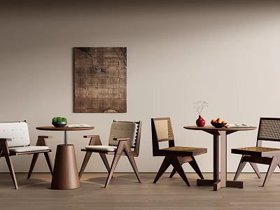 Minimalist Wooden Negotiation Tables and Chairs with Vases Fruits and Wall Painting 3d model