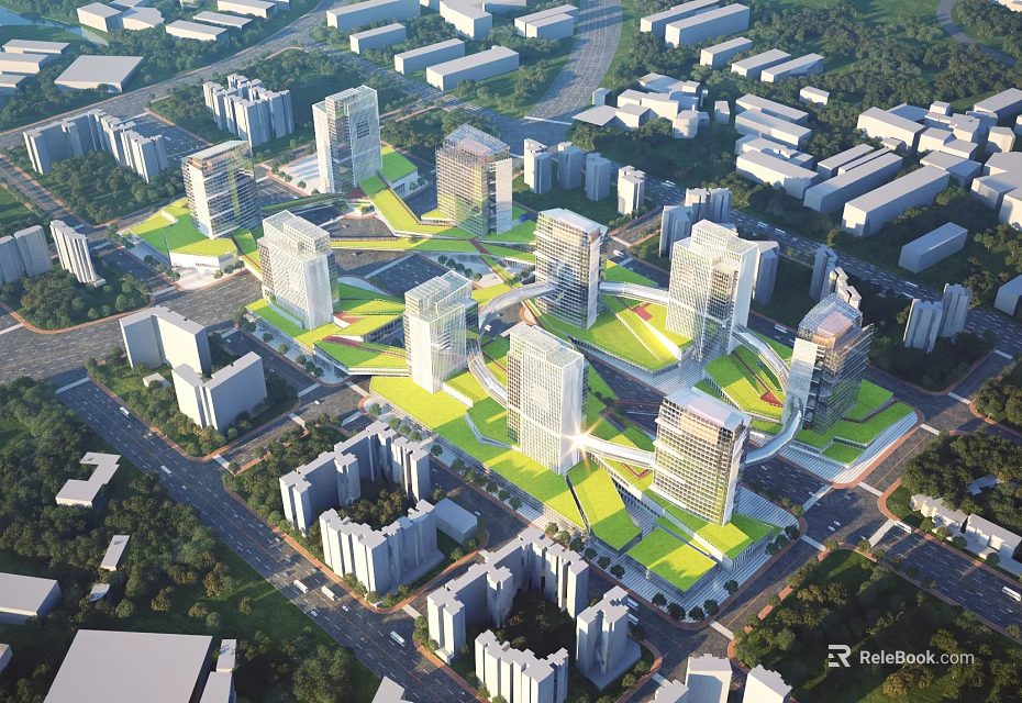 Aerial View Urban Planning With High Rise Buildings Green Spaces And Road Networks 3d model 