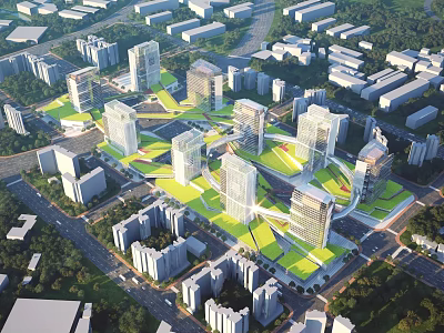 Aerial View Urban Planning With High Rise Buildings Green Spaces And Road Networks 3d model