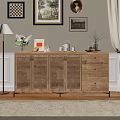 Cozy Living Dining Room Interior With Wooden Sideboard Decorative Paintings Floor Lamp And Curtains