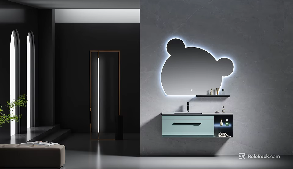 Modern Bathroom With Gray Wall Illuminated Bear Shaped Mirror And Light Blue Vanity 3d model 
